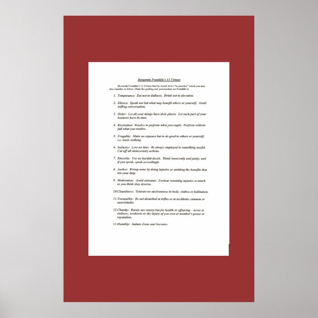 Ben Franklins 13 Tugenden Poster (Vorne)