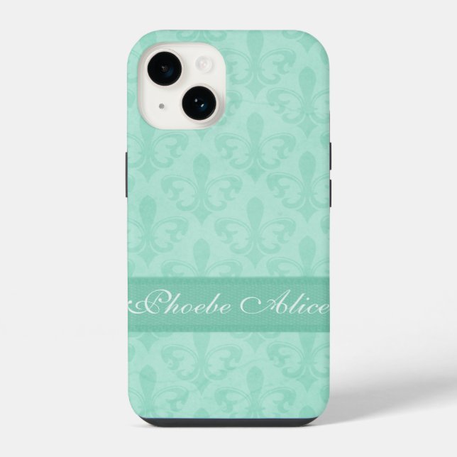 Benannt Fleur de Lis Damast mintgrün  iPhone Hülle (Rückseite)