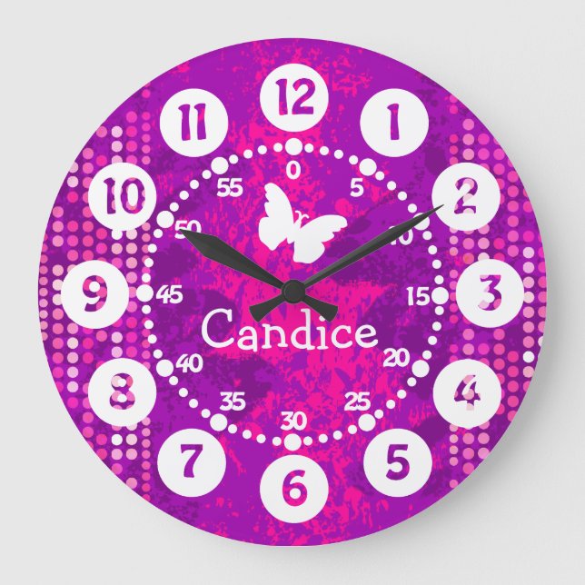Benannte rosa lila Punkte leicht lesbar Große Wanduhr (Vorderseite)