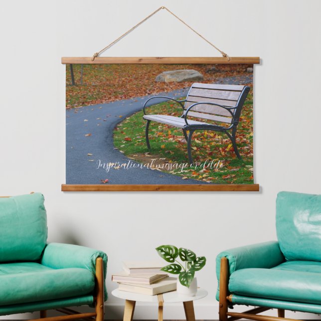 Bench Along A Fall Sidewalk Stroll Wandteppich Mit Holzrahmen (Wohnzimmer)