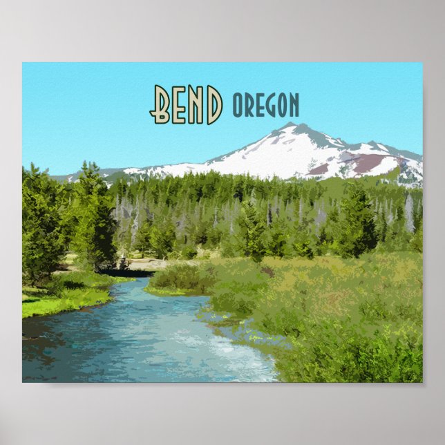Bend Oregon Berg Fluss Wald Vintage Poster (Vorne)