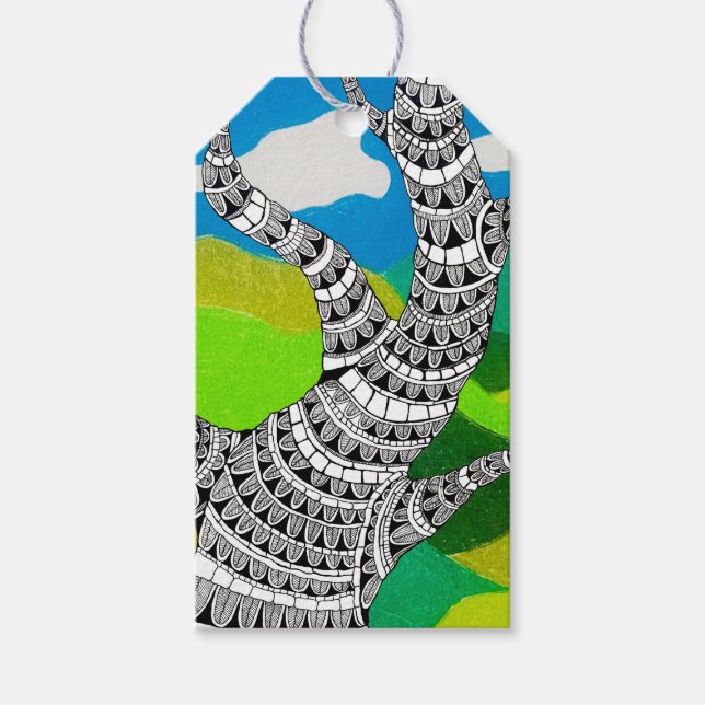 Bendy Tree Design Clouds Grassy Landscape Geschenkanhänger (Vorderseite)