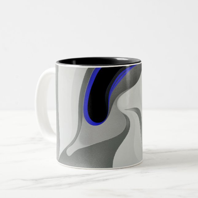 Beneath the Blue: Abstract Gray, Black & Blue Zweifarbige Tasse (Vorderseite Links)
