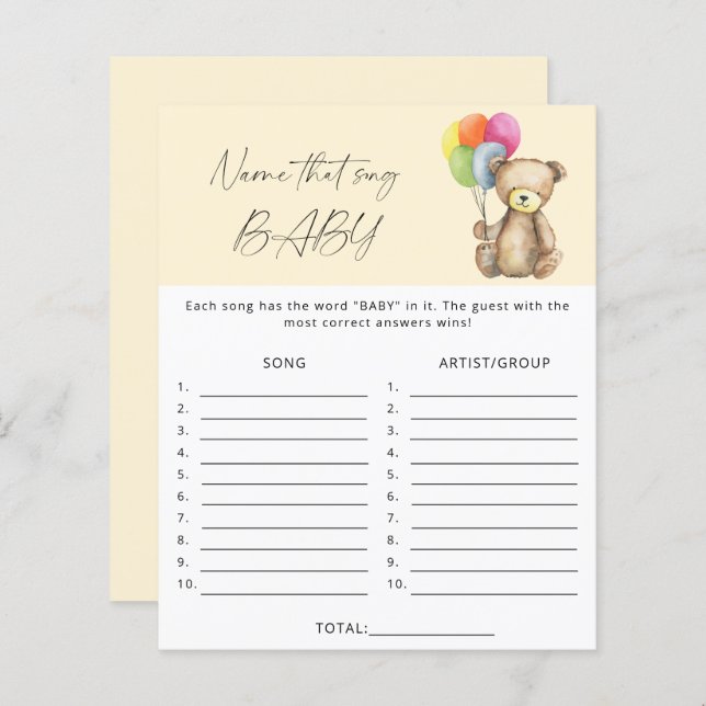 Benennen Sie dieses Lied Baby Dusche Spiel - Bär (Vorne/Hinten)