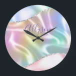 Benennen Sie Lila Skript, Iridescent Wave. Große Wanduhr<br><div class="desc">Personalisieren Sie Ihren Namen in Lila Skript auf dem Hintergrund des Glitzer Iridescent Wave. Klicken Sie auf "Anpassen",  um Farben und Stile zu ändern.</div>