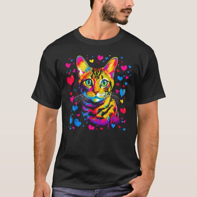Bengal Cat Blue Red Heart T-Shirt (Vorderseite)