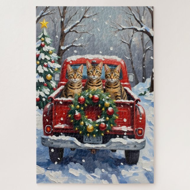 Bengal Cat Christmas Red Truck Holiday Puzzle (Vertikal)