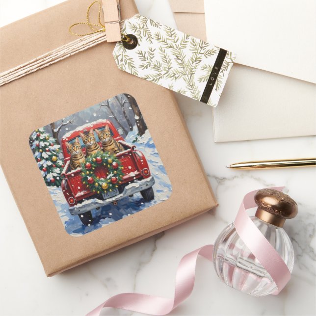 Bengal Cat Christmas Red Truck Holiday Quadratischer Aufkleber (Schenken)