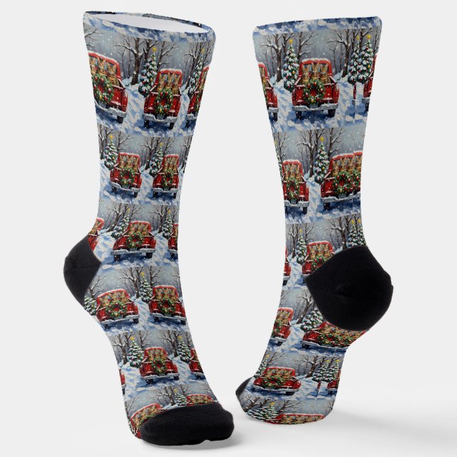 Bengal Cat Christmas Red Truck Holiday Socken (Gewinkelt)