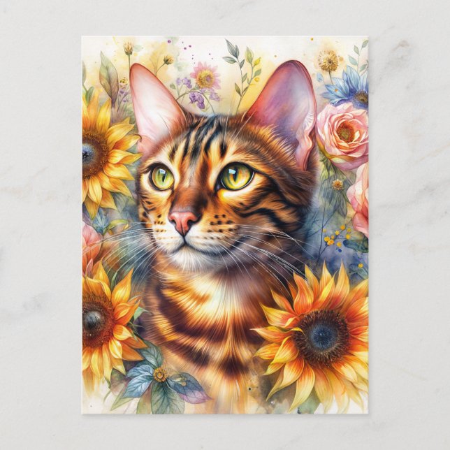Bengal Cat Floral Portrait Art Postkarte (Vorderseite)