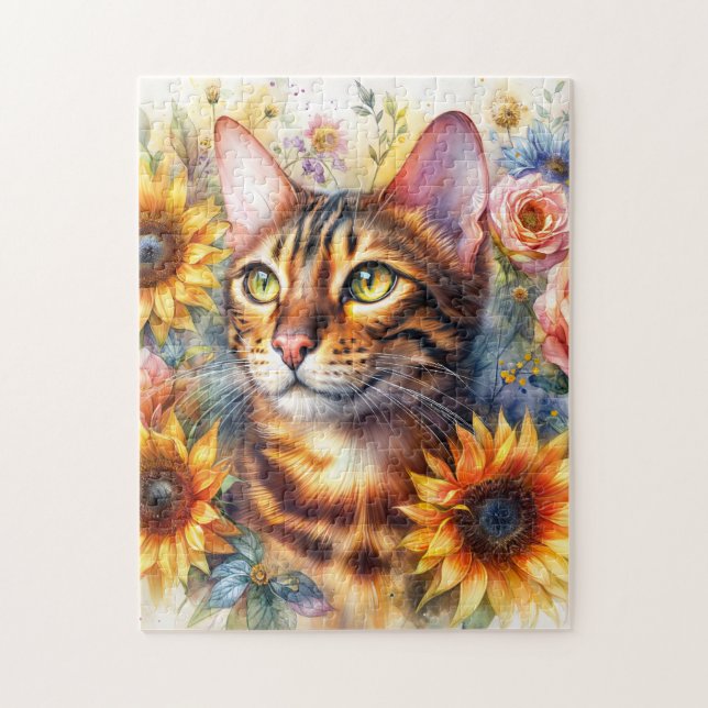Bengal Cat Floral Watercolor Puzzle (Vertikal)