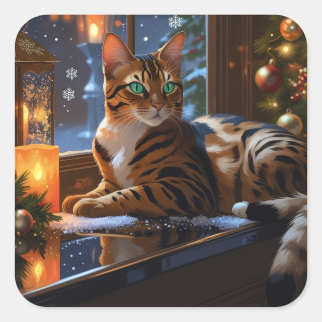 Bengal Cat With Christmas Lights Holiday Quadratischer Aufkleber (Vorderseite)