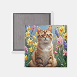 Bengal-Katze-Frühlingsblumen-Gemälde Magnet