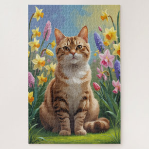 Bengal-Katze-Frühlingsblumen-Gemälde Puzzle