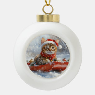 Bengal-Katze im Schlitten Lass es schneien Weihnac Keramik Kugel-Ornament