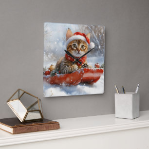 Bengal-Katze im Schlitten Lass es schneien Weihnac Quadratische Wanduhr