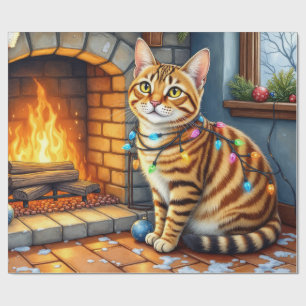 Bengal-Katze Kamin mit Weihnachtslichtern Geschenkpapier
