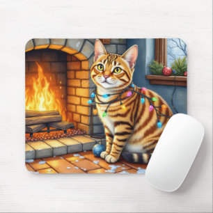 Bengal-Katze Kamin mit Weihnachtslichtern Mousepad