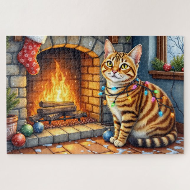 Bengal-Katze Kamin mit Weihnachtslichtern Puzzle (Horizontal)