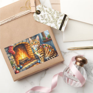 Bengal-Katze Kamin mit Weihnachtslichtern Rechteckiger Aufkleber