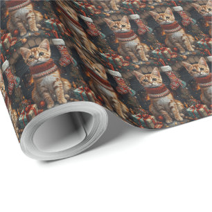 Bengal-Katze mit Weihnachtsgeschenken Kamin Geschenkpapier