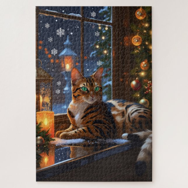 Bengal-Katze mit Weihnachtslichtern Urlaub Puzzle (Vertikal)