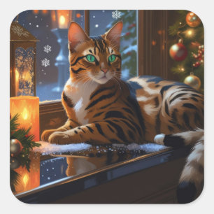 Bengal-Katze mit Weihnachtslichtern Urlaub Quadratischer Aufkleber