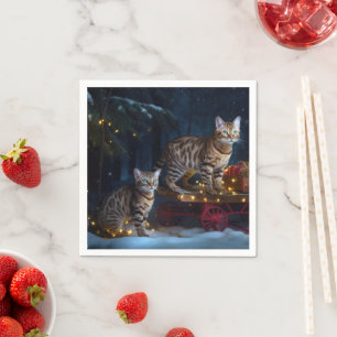 Bengal-Katze Schneebedeckte Schlittenfahrt Weihnac Serviette
