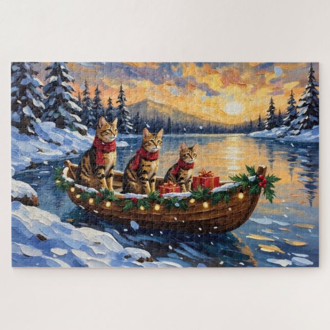 Bengal-Katze-Weihnachtsboot-Feiertag Puzzle (Horizontal)