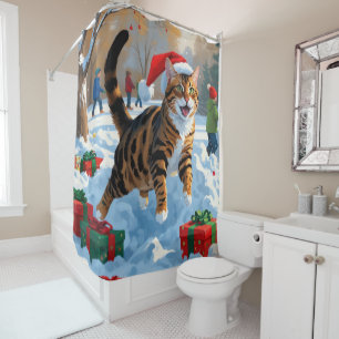 Bengal-Katze Weihnachtsfestliche Schneeszene Duschvorhang