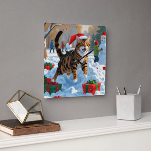Bengal-Katze Weihnachtsfestliche Schneeszene Quadratische Wanduhr