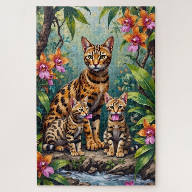 Bengal-Katzen-Dschungel-Orchideen-Kunst Puzzle (Vertikal)