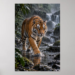 Bengal-Tiger, der durch Regenwald-Wasser läuft Wil Poster