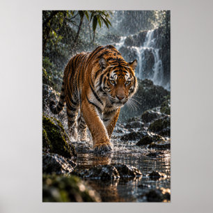 Bengal-Tiger, der durch Regenwald-Wasser läuft Wil Poster