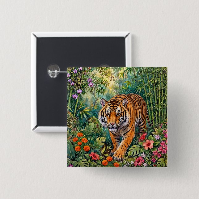 Bengal Tiger Lebendiger Bambus-Dschungel Button (Vorne & Hinten)