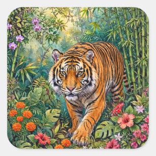 Bengal Tiger Lebendiger Bambus-Dschungel Quadratischer Aufkleber