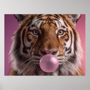 Bengal-Tiger-Porträt bläst rosa Bubble-Gum Poster