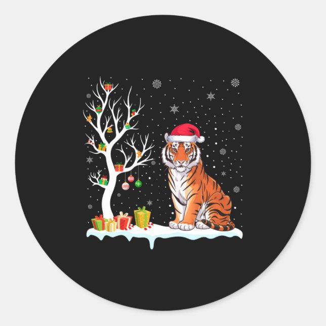 Bengal Tiger Santa Hat Festive Tree Light Christma Runder Aufkleber (Vorderseite)