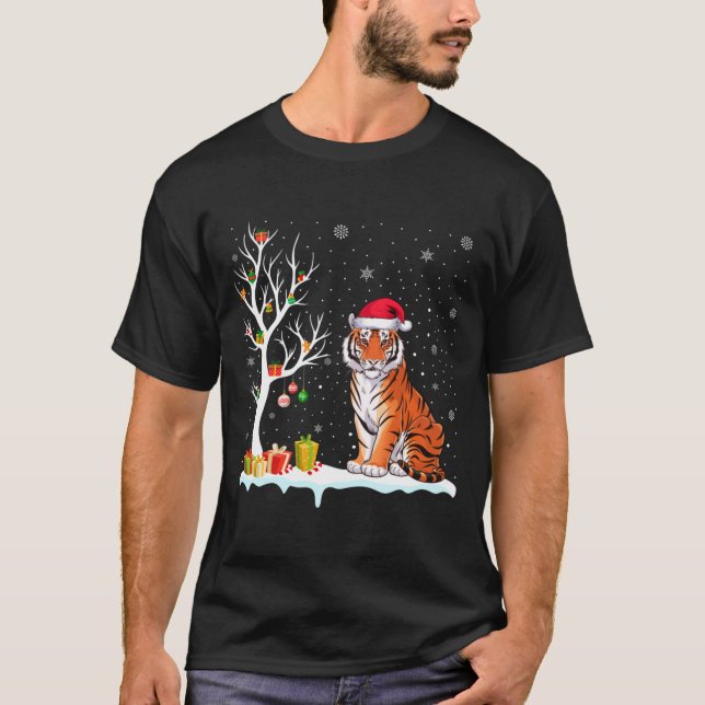 Bengal Tiger Santa Hat Festive Tree Light Christma T-Shirt (Vorderseite)