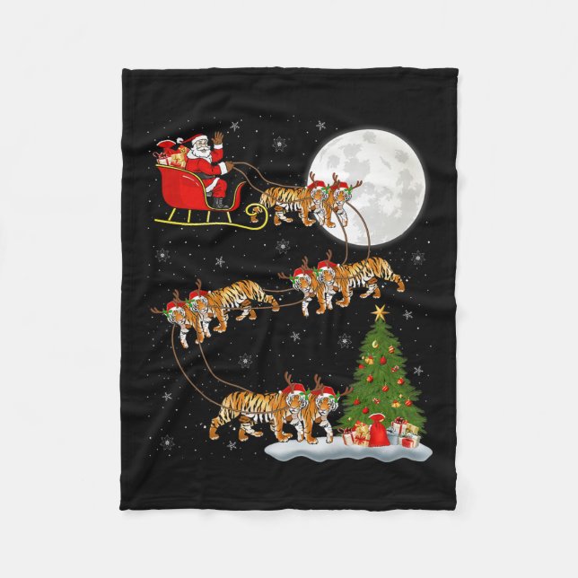 Bengal Tiger Santa Sleigh Flying Funny Magical Chr Fleecedecke (Vorderseite)
