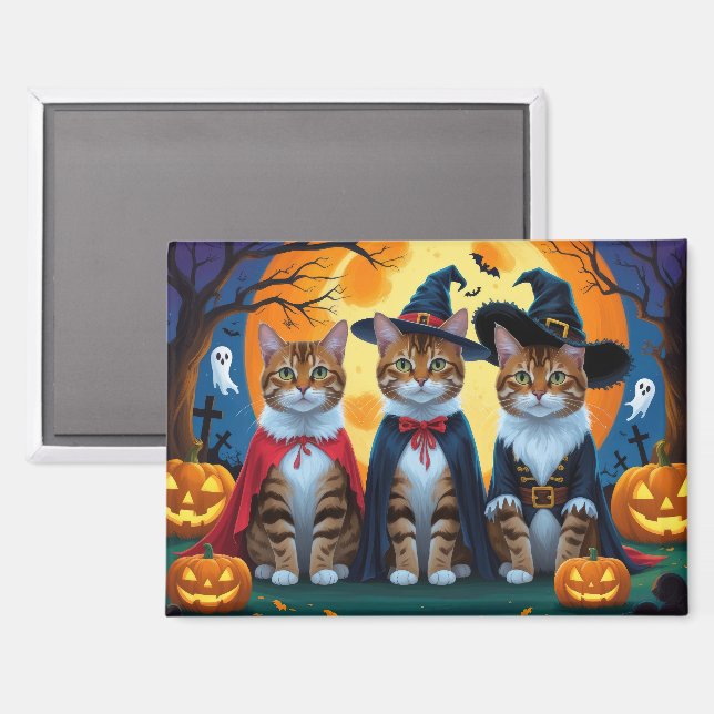 Bengalisch Cats Pumpkin Halloween Funny Magnet (Vorderseite/Rückseite)