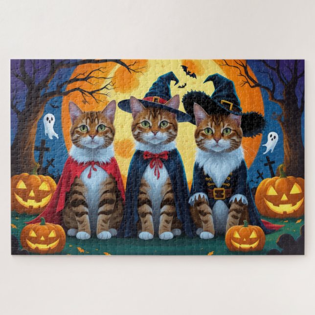 Bengalisch Cats Pumpkin Halloween Funny Puzzle (Horizontal)