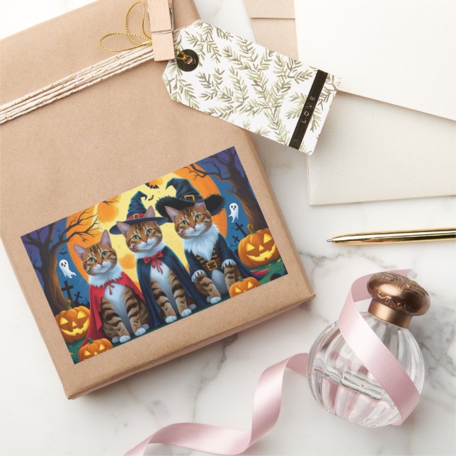 Bengalisch Cats Pumpkin Halloween Funny Rechteckiger Aufkleber (Schenken)