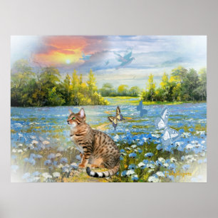 Bengalisch im Bett blauen Blumen Druckes Poster