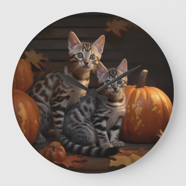 Bengalisch Kitten Autumn Delight Pumpkin Große Wanduhr (Vorderseite)