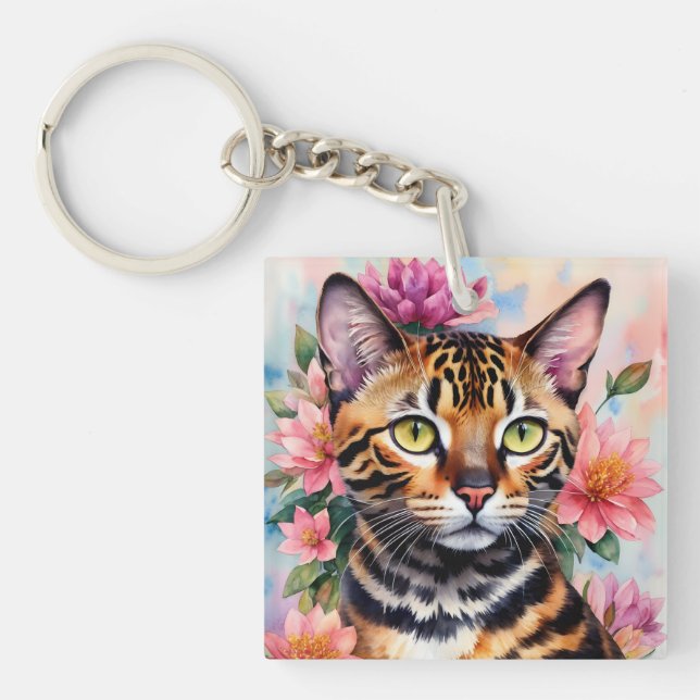 Bengalische Cat Floral Watercolor Kunst, Dichtung  Schlüsselanhänger (Vorderseite)