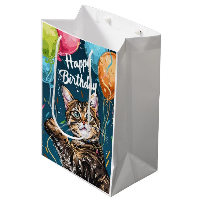 Bengalische Katze mit Balloons Mittlere Geschenktüte (Vorderseite Schrägansicht)