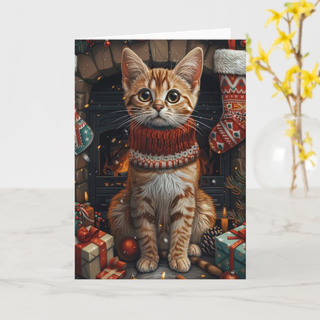 Bengalische Katze mit Weihnachtsgeschenken Kamin Karte (Gelbe Blume)