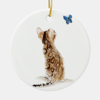 Bengalische Katze u. Schmetterling Keramik Ornament