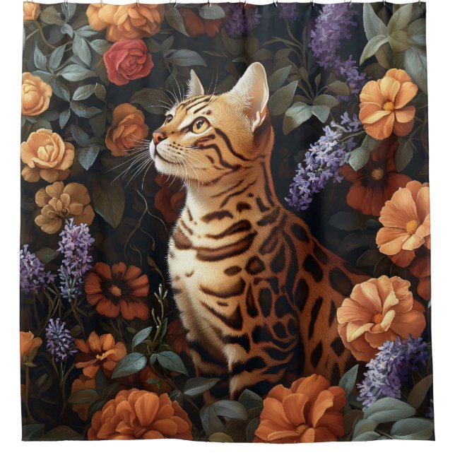 Bengalische Katze umgeben von wunderschönen Blume Duschvorhang (Vorderseite)